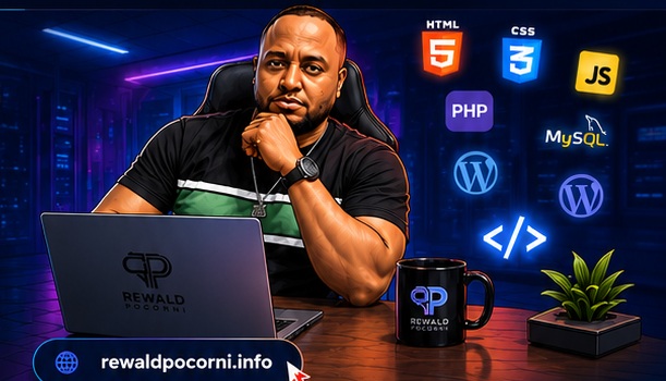 Comic illustration of Rewald Pocorni behind a laptop with programming technology symbols